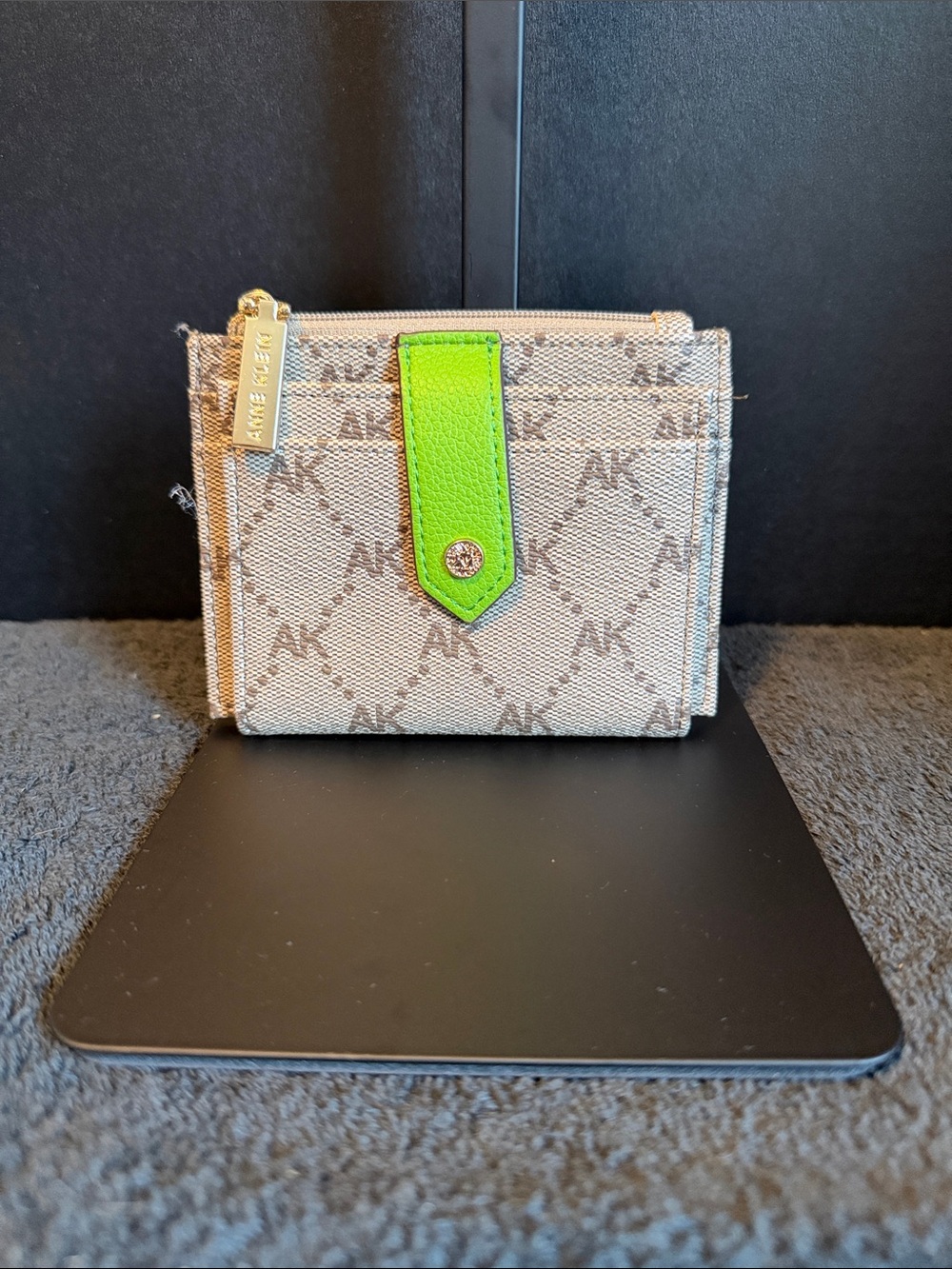 Anne Klein Beige Monogram Card Holder with Neon Green Tab